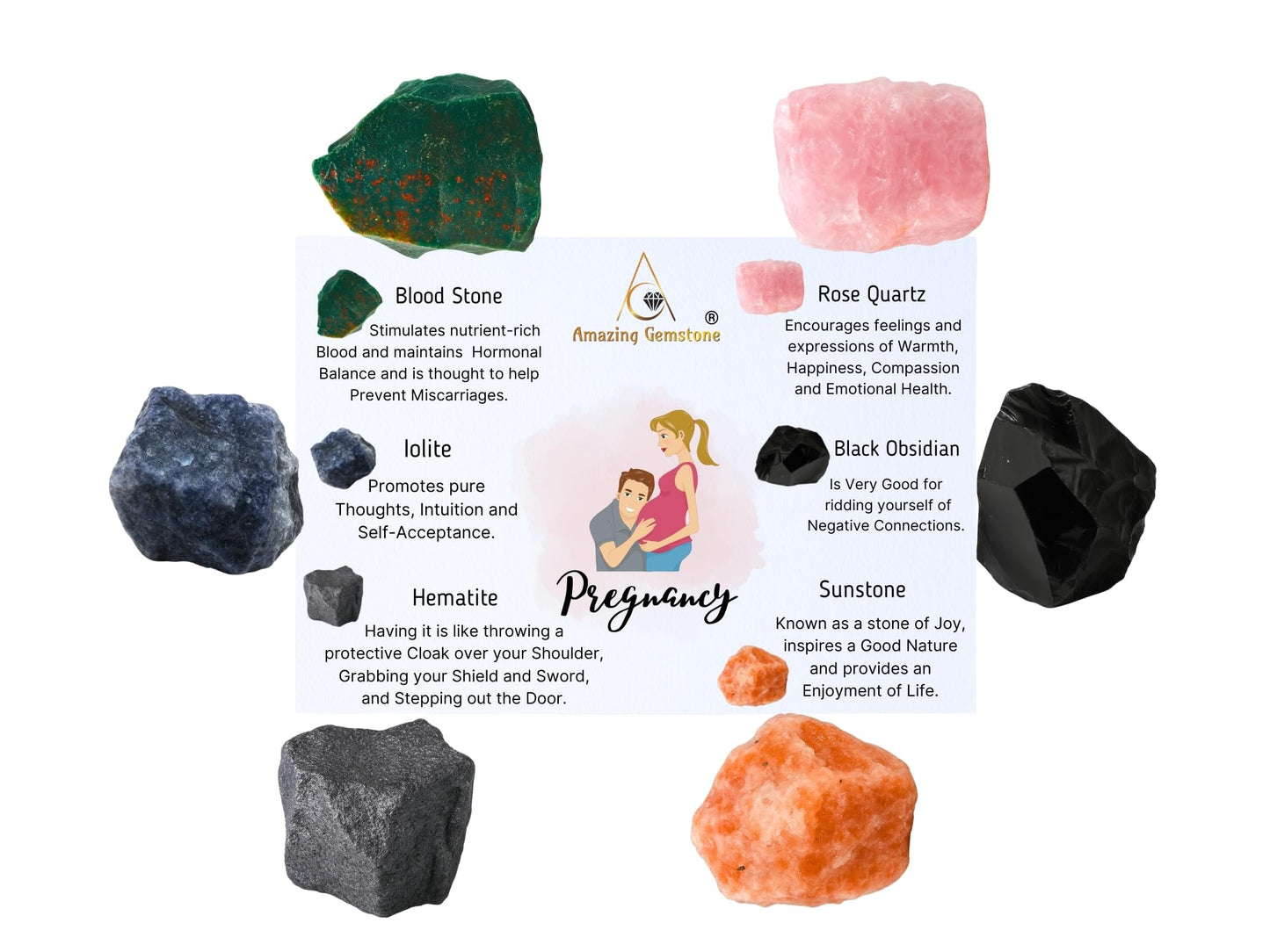 Crystals for Pregnancy, Set of 6 Blood Stone, Iolite, Hematite, Rose Quartz, Black Obsidian and Sunstone Healing Crystals and Stones
