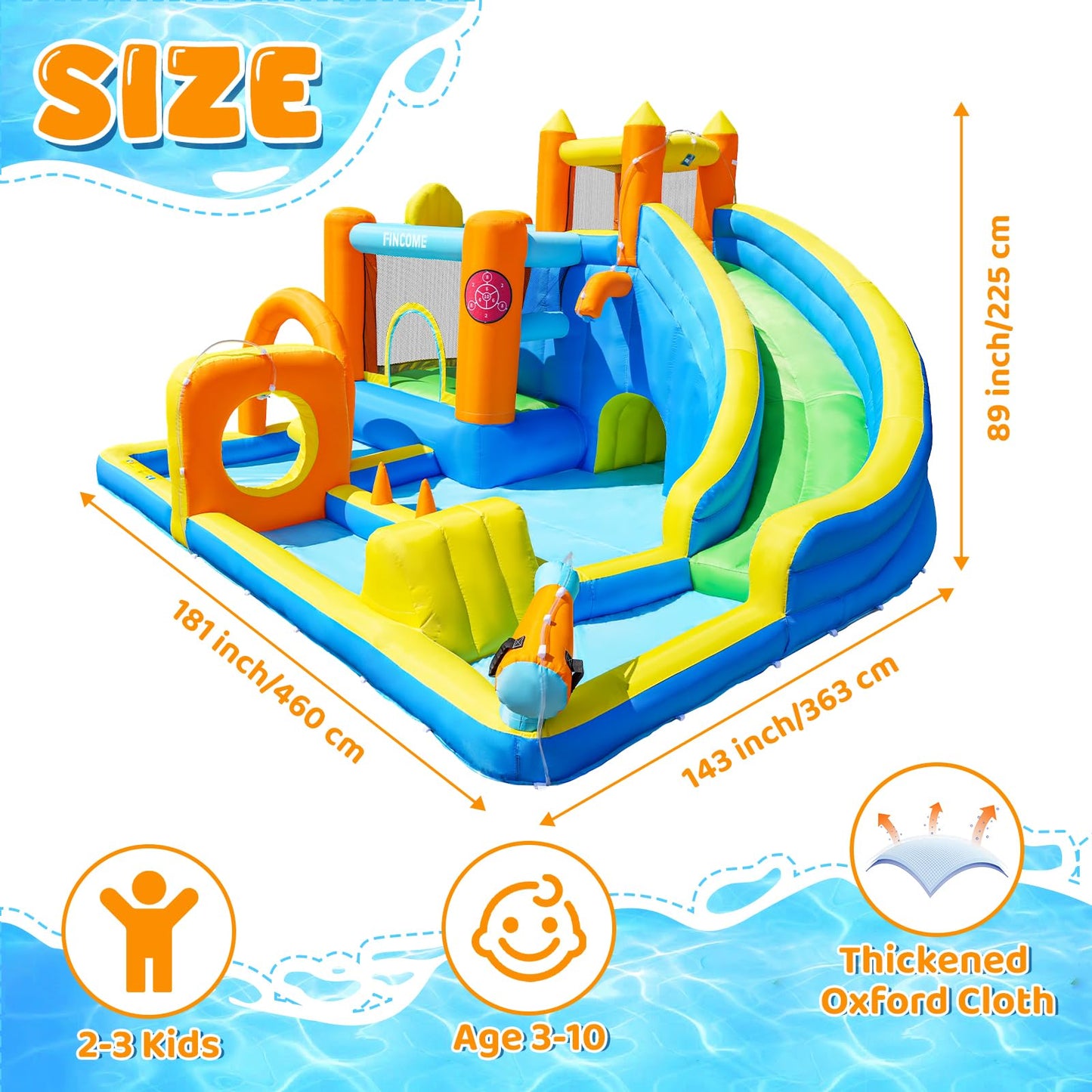 FINCOME Inflatable Bounce House with Water Slide, Kids Bouncy Castle with 480W Blower Slide Steeplechase Jumping Climbling Ring Toss Ball Hoop, Outdoor Indoor Bouncing House for Birthday Party Holiday