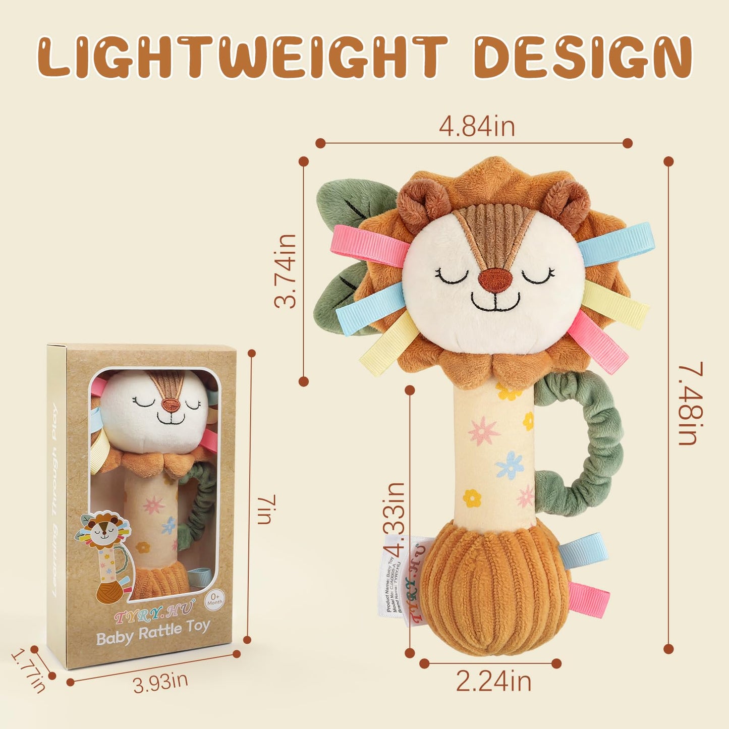 TYRY.HU Baby Rattles Toy, Plush Lion Rattle, Stuffed Animal Hand Rattles,Infant Grab Shake Rattle, Crinkle & Squeaker,Soft Sensory Toy with Sound for Babies 0-6 6-12 Months, Lion