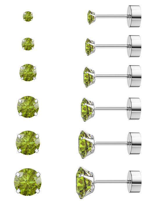 6 Pairs Hypoallergenic Cubic Zirconia Earrings Surgical Steel Flat Back Studs for Cartilage, Screw Back Fashion Jewelry