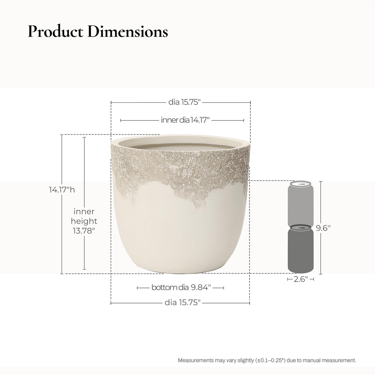 LuxenHome 15.5" Dia Beige Large Round Planter, Outdoor Indoor Decorative Plant Pot with Drainage Hole and Rubber Plug, Antique Travertine Style Off-White Flower Pot for Home Patio Garden