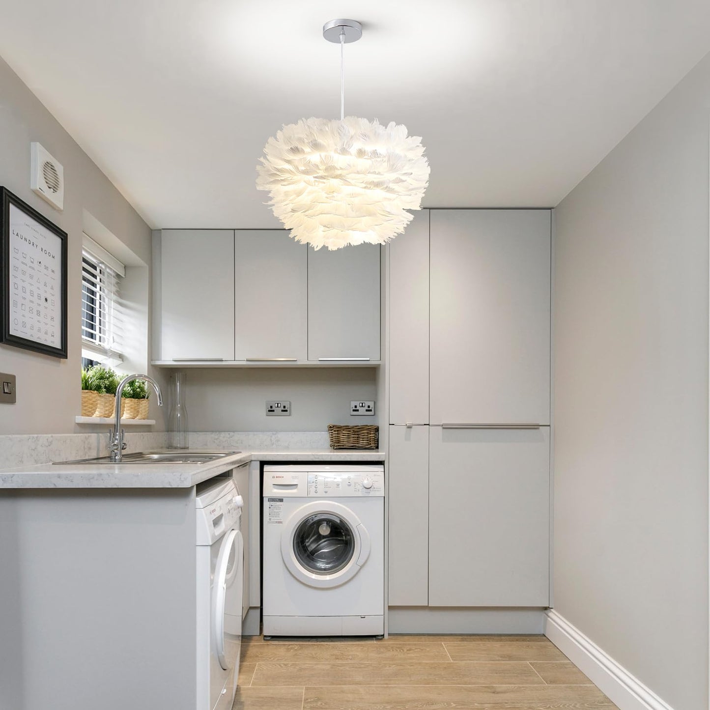 ZYLEISENBAO Chic White Feather Pendant Lights 15.8" Nordic Romantic Feather Chandeliers Mordern Dining Room Light Fluffy Hanging Lamp for Girl Bedroom Kitchen Island Laundry Study Room Porch