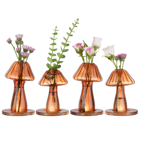 NiHome Mushroom Glass Planter with Wooden Base Set of 4, Cute Indoor Greenery Plant Propagation Stations,High Borosilicate Glass Mushroom Gifts Vases for Flowers,Hydroponics & Home Decor (Brown)
