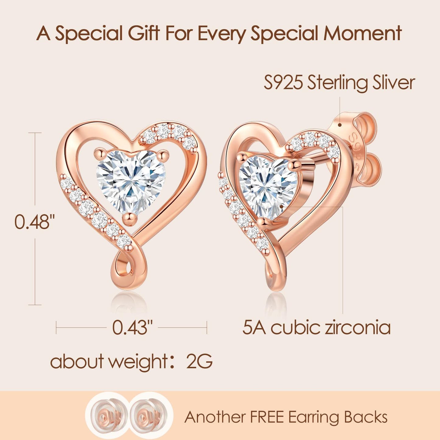 Zifeel Earrings for Women, Rose Gold Birthstone Heart Studs Earring for Girlfriend Wife, Anniversary Birthday Christmas Valentines Mothers Day Gifts Jewelry for Women Wife Her Mom