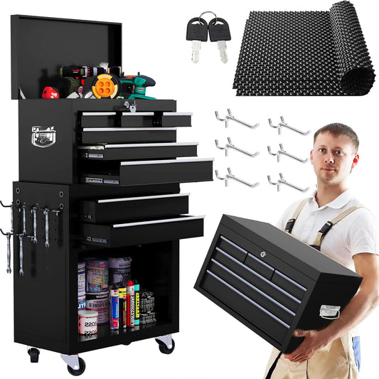 Clickoods 8-Drawer Rolling Tool Chest – 2-in-1 Lockable Tool Box with Wheels, Sliding Drawers & Detachable Top – Garage & Workshop Storage Cabinet, Black