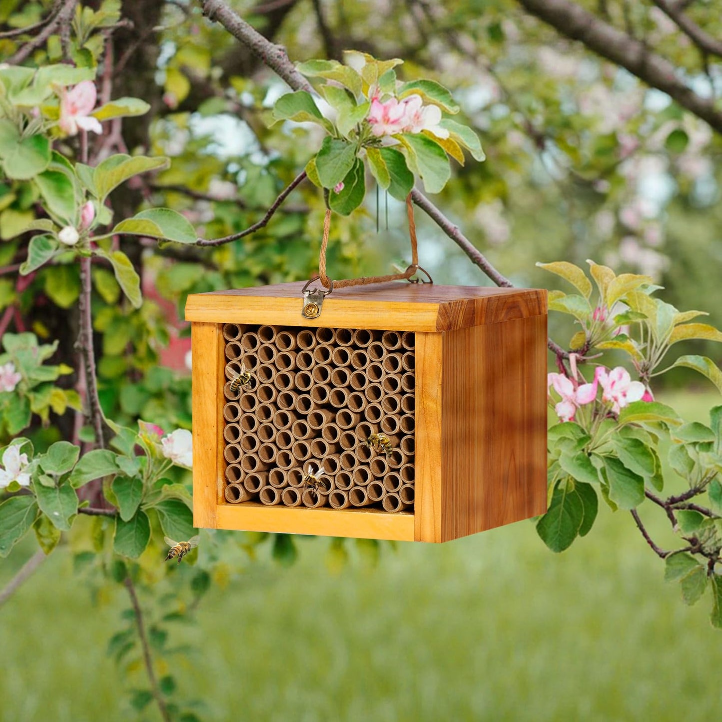 Mason Bee House - Wax Coated Bee Hotel for the Garden, Natural Handmade Wooden Insect Hotel, Mason Bee Home for Outdoors, Attracts Peaceful Bee Pollinators to Your Garden