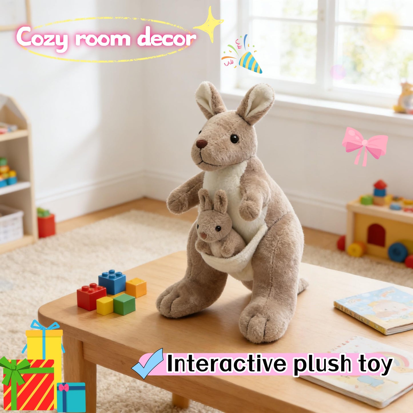 unsnurnoch 9.84" Kangaroo Plush Toy with Baby Joey, Cute Stuffed Animal Doll, Soft Cuddly Kangaroo Mom and Baby, Perfect Birthday for Kids, Friends, Home Decoration