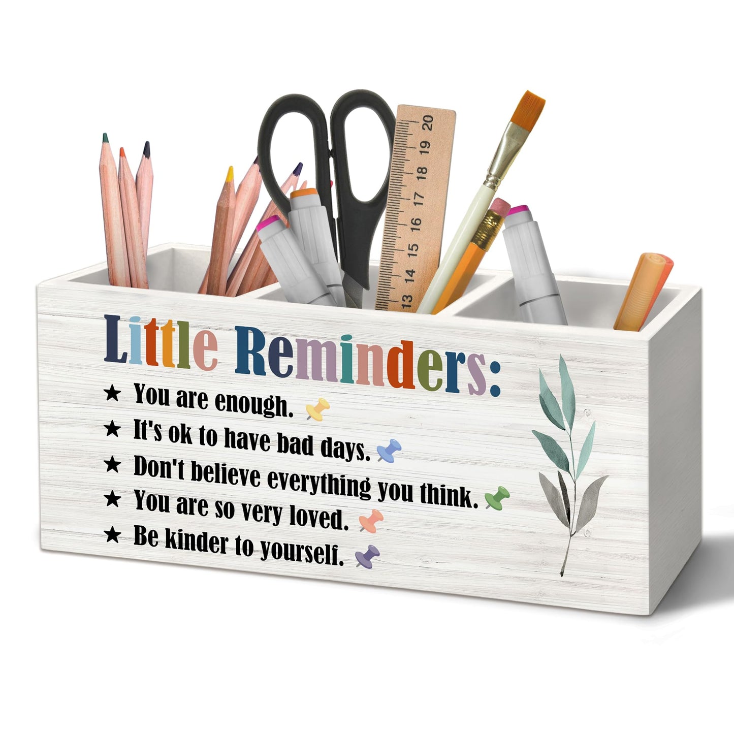 Yjeslw Little Reminders Inspirational Pen Holder Organizer for Desk Accessories, Positive Gifts, Mental Health Motivational Wooden Box Sign Desk Decorations for Home Bedroom Office Decor