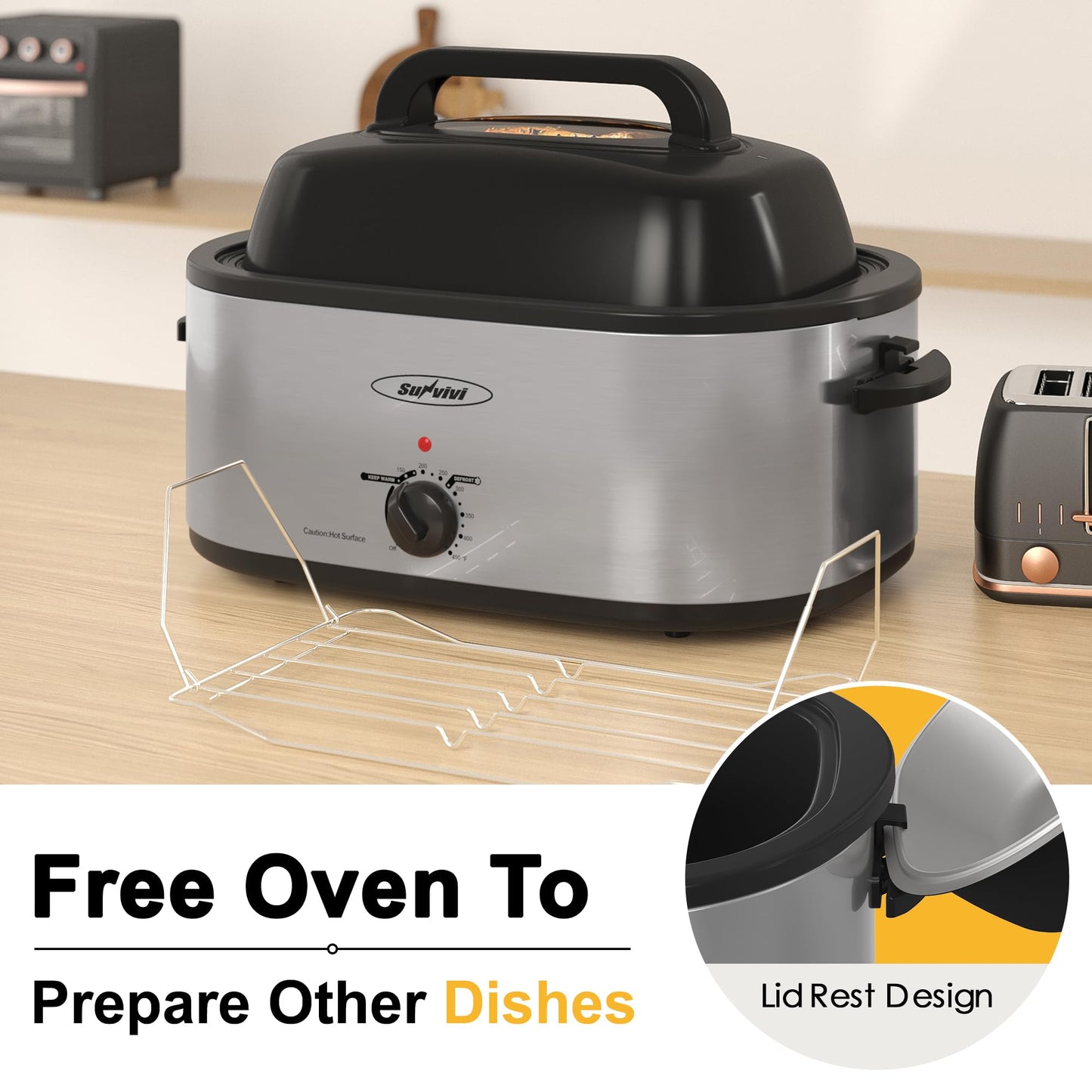 Sunvivi Roaster Oven, Electric Roaster Oven with Viewing Lid, 30lb 26-Quart Turkey Roaster with Unique Defrost/Warm Function, Large Roaster with Removable Pan & Rack, Stainless Steel, Silver