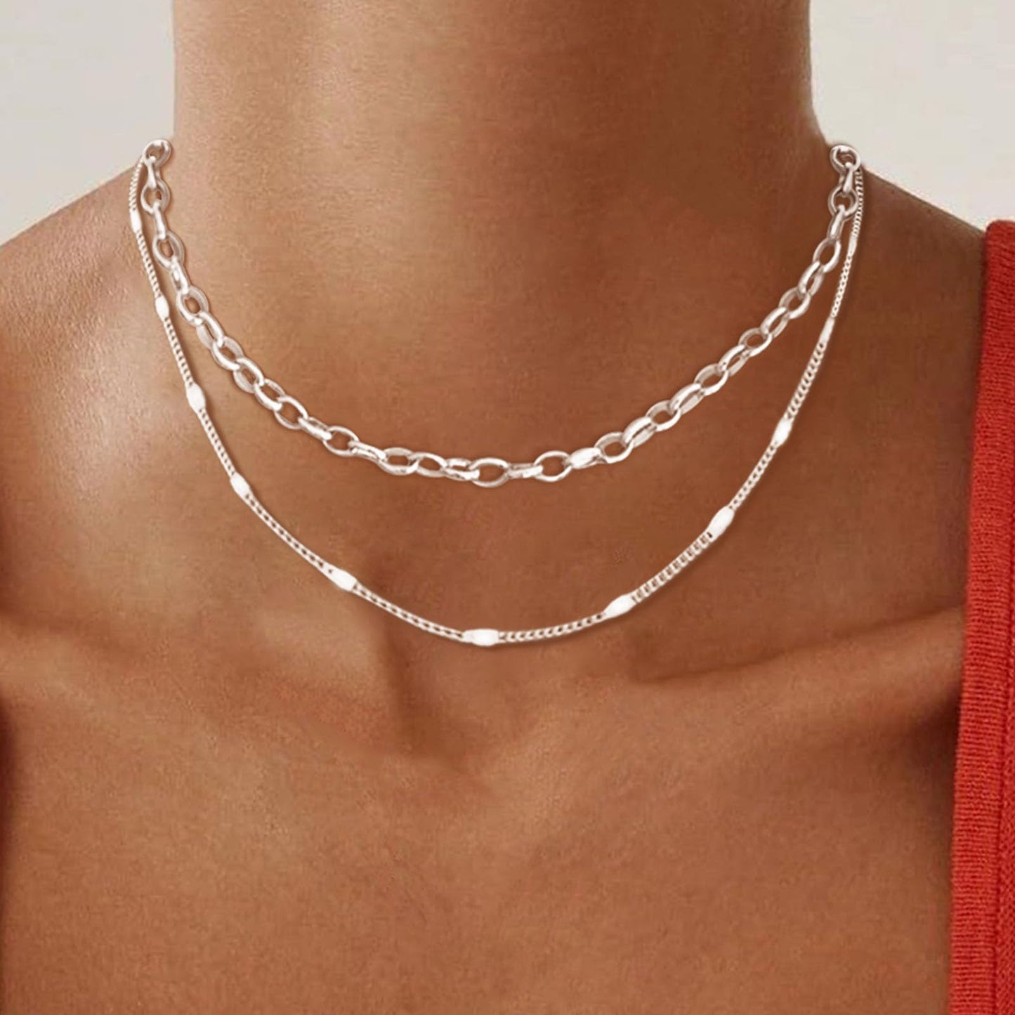 OGD Silver Layered Necklaces for Women 925 Silver Plated Dainty Stackable Choker Necklaces Trendy Layering Circle Paperclip Chain Cute Pendant Collars Necklace Set Gold Jewelry for Women