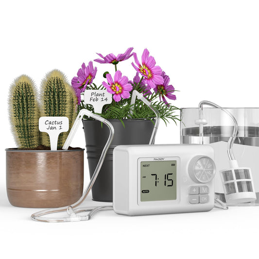 Raddy WS-64 Automatic Plant Waterer Indoor, Self Watering Drip Irrigation System for 15 Pot Plants, Programmable Timer, LCD Display, Rain Delay, IPX4 Waterproof, for Balcony Patio Greenhouse Grow Tent