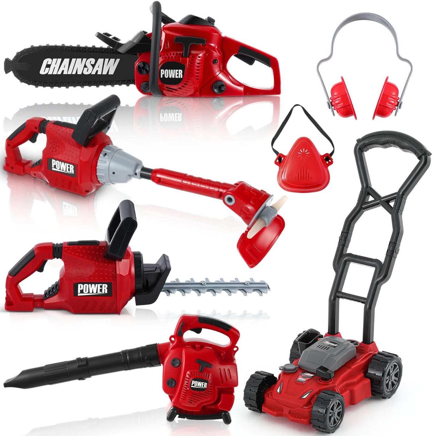 Arrowbash Kids Lawn Mower Toy Set 7 Pcs Electric Garden Tools with Leaf Blower, Chainsaw & Trimmer – Summer Outdoor Toys for Boys Girls Birthday Gifts