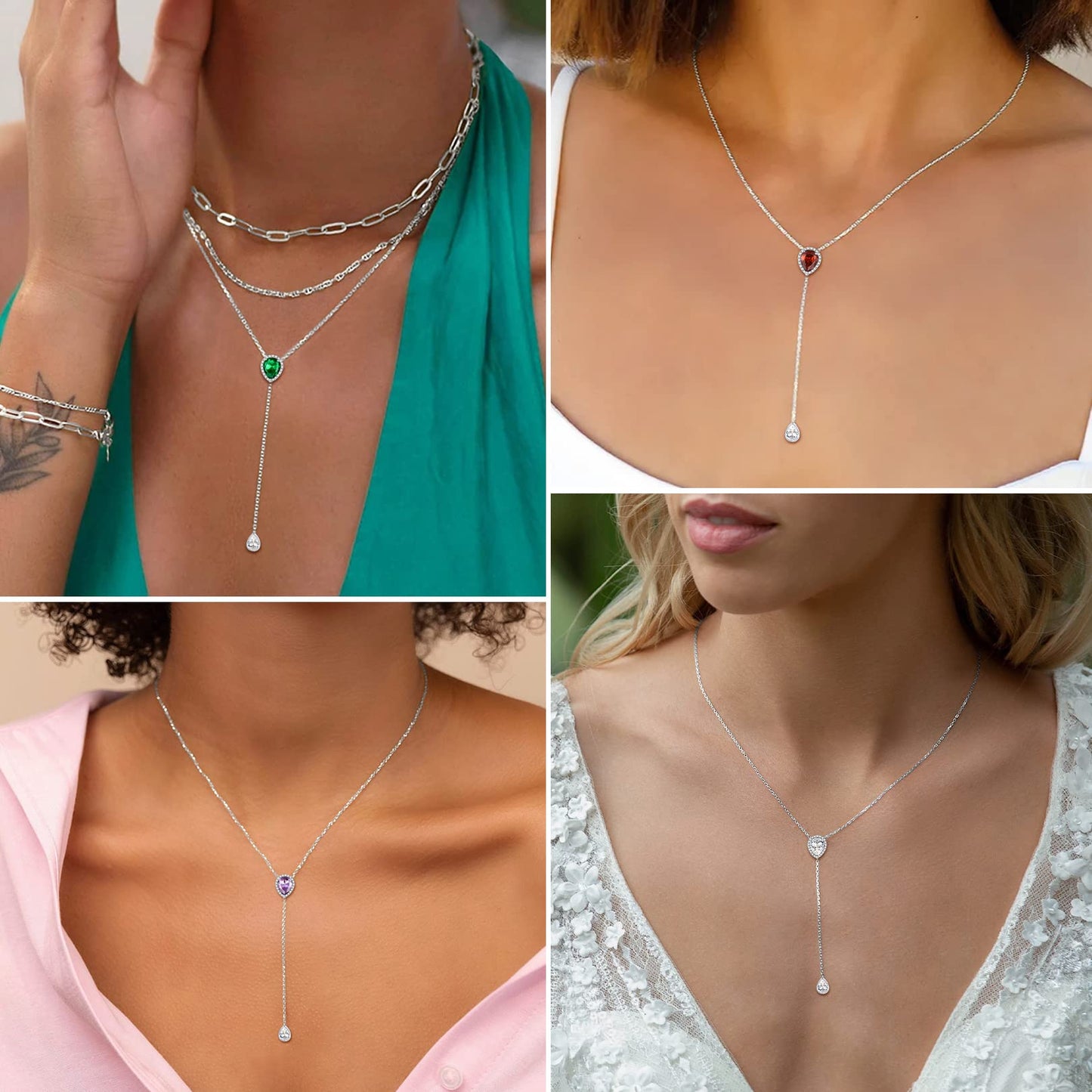 FOCALOOK 925 Sterling Silver October Birthstone Necklace for Women CZ Teardrop Long Y Pendant Necklaces