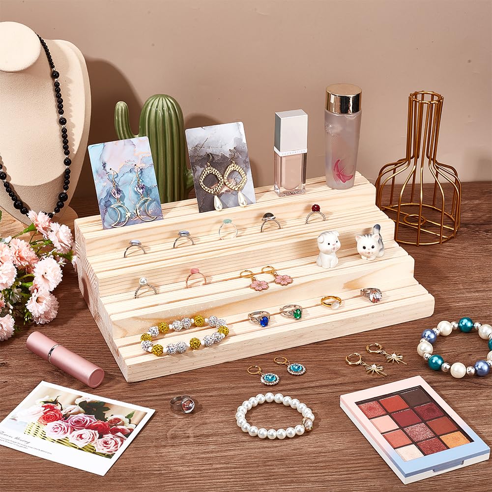 NBEADS 4-Tier Wood Jewelry Display Stand, Wooden Earring Organizer Holder with Grooves Jewelry Showcase Rack for Rings Earring Display Cards Photo Home Decorations