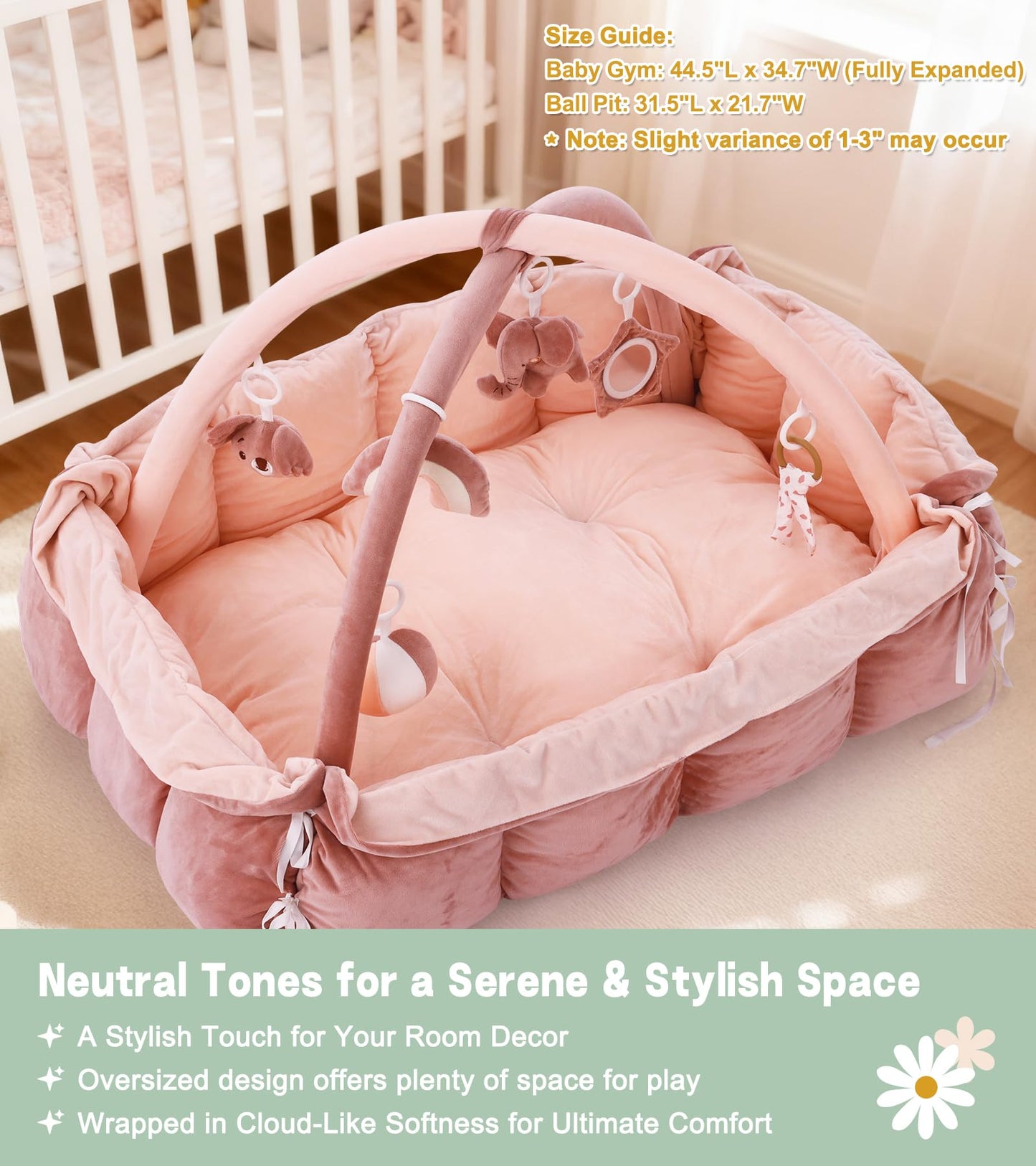 5-in-1 Baby Play Gym and Tummy Time Mat, 12 Learning Cards, Plush Activity Mat with 6 Toys, Baby Gym, Convertible to Ball Pit, Baby Gift, Pink