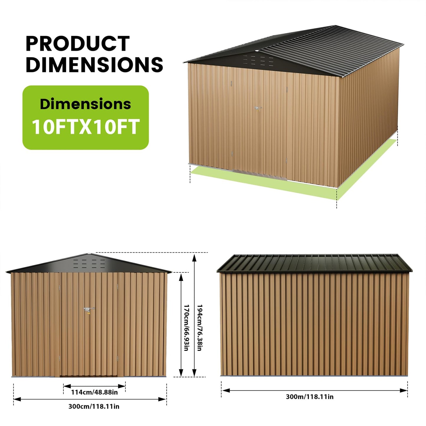 10x10 FT Outdoor Metal Storage Shed, Large Storage Sheds with Sturdy Frame Structure, Metal Garden Tool Shed with Lockable Door for Garden, Lawn, Backyard, Brown