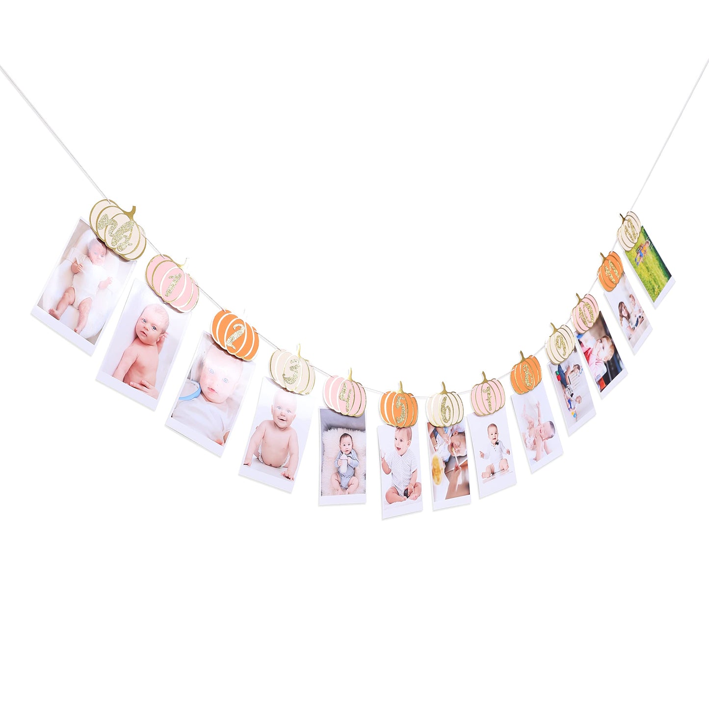 Pumpkin 1st Birthday Monthly Photo Banner for Baby Girls - Newborn to 12 Month Milestone, Pink Orange and Gold - First Birthday Decorations for Girl
