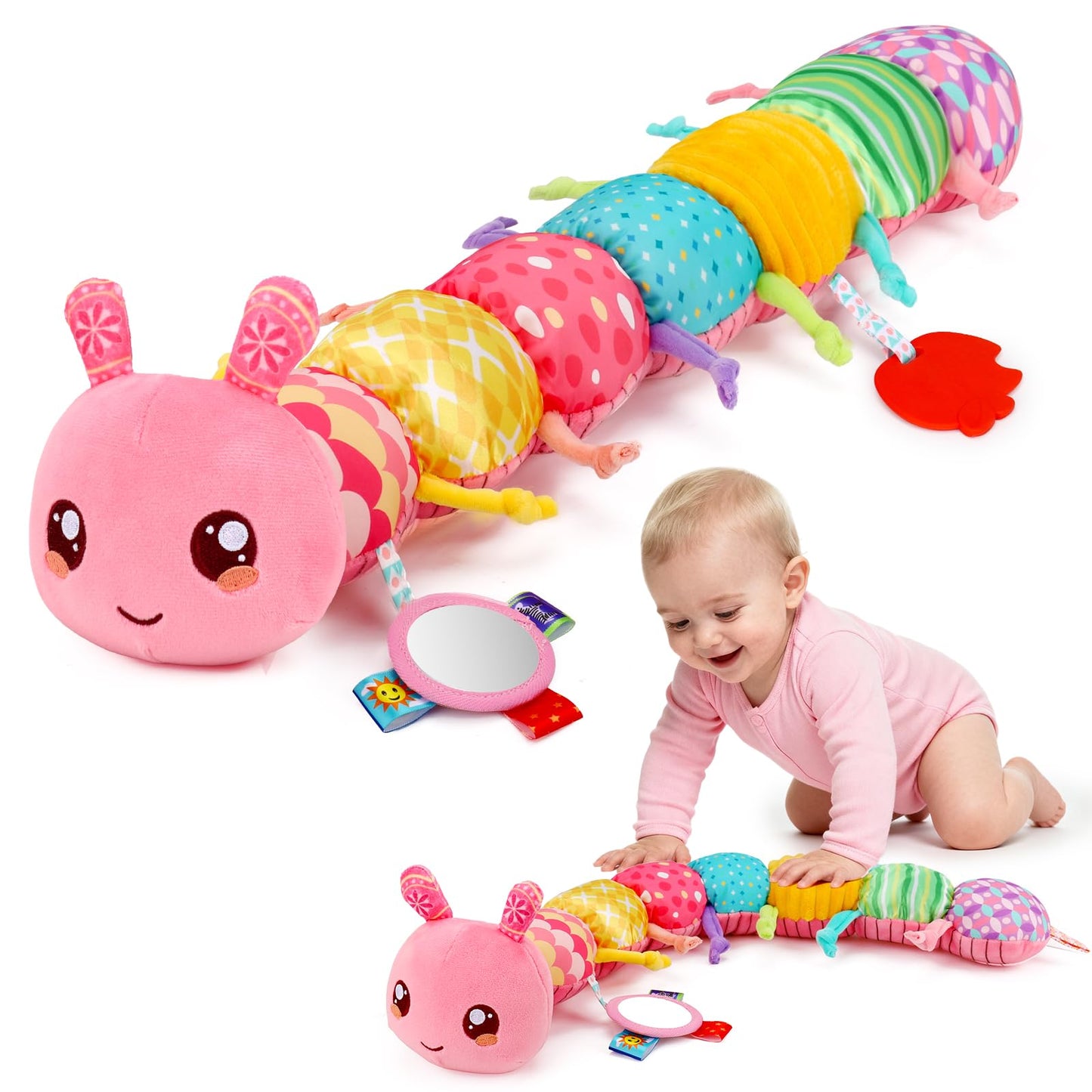 Baby Girls Toys 0-6 Month Music Animal Stuffed Caterpillar Toy for Infant 0-3 3-6 Months Mirror Crinkle Rattle Tummy Time Sensory Toys for 3 4 5 6-12 Month Old Newborn Baby Shower Easter Gifts