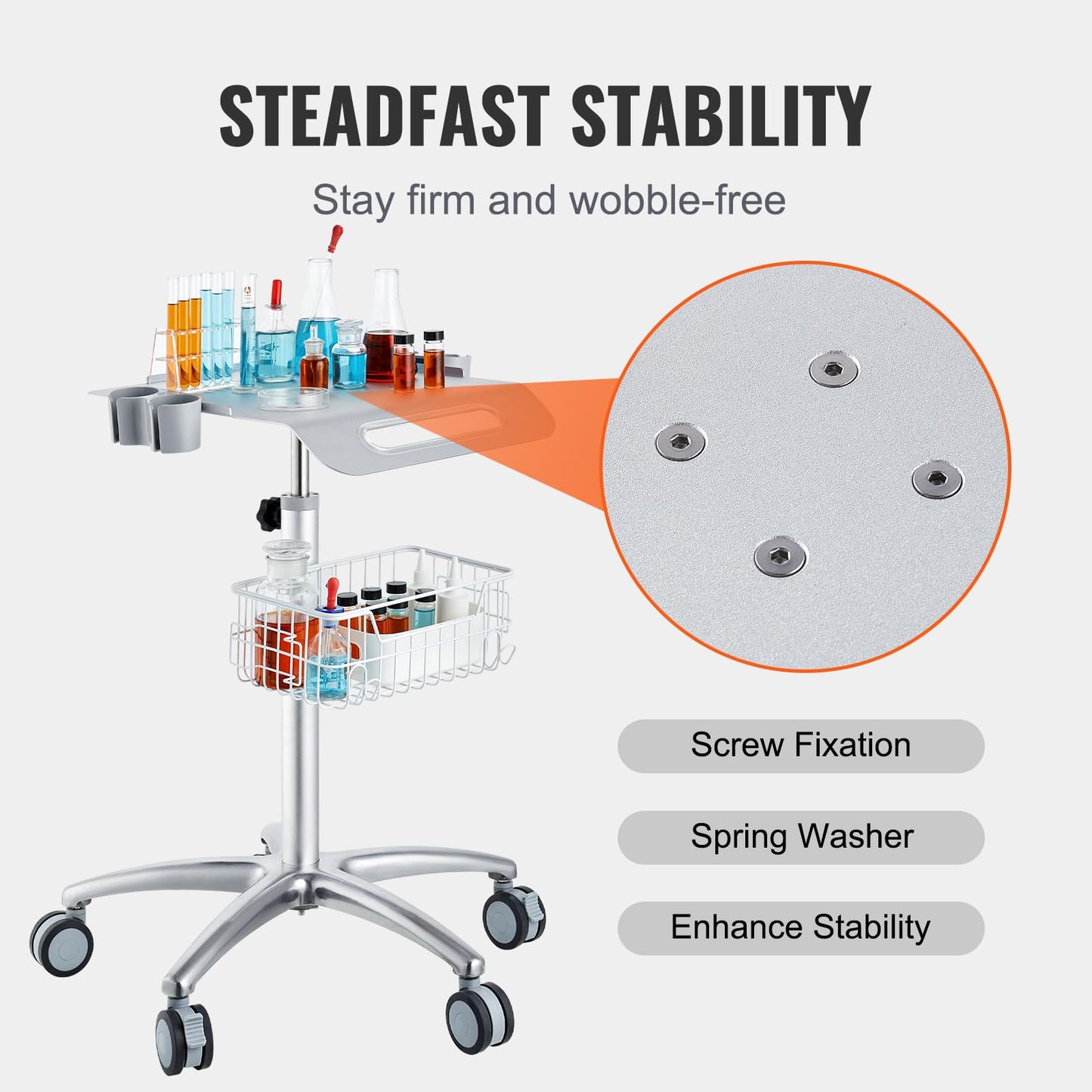 VEVOR Medical Mobile Trolley with Wheels 29.5"-41.3" Height Adjustable Stainless Steel Dental Cart Rolling Desktop Lab with 16.5" 15.7" Large Tabletop