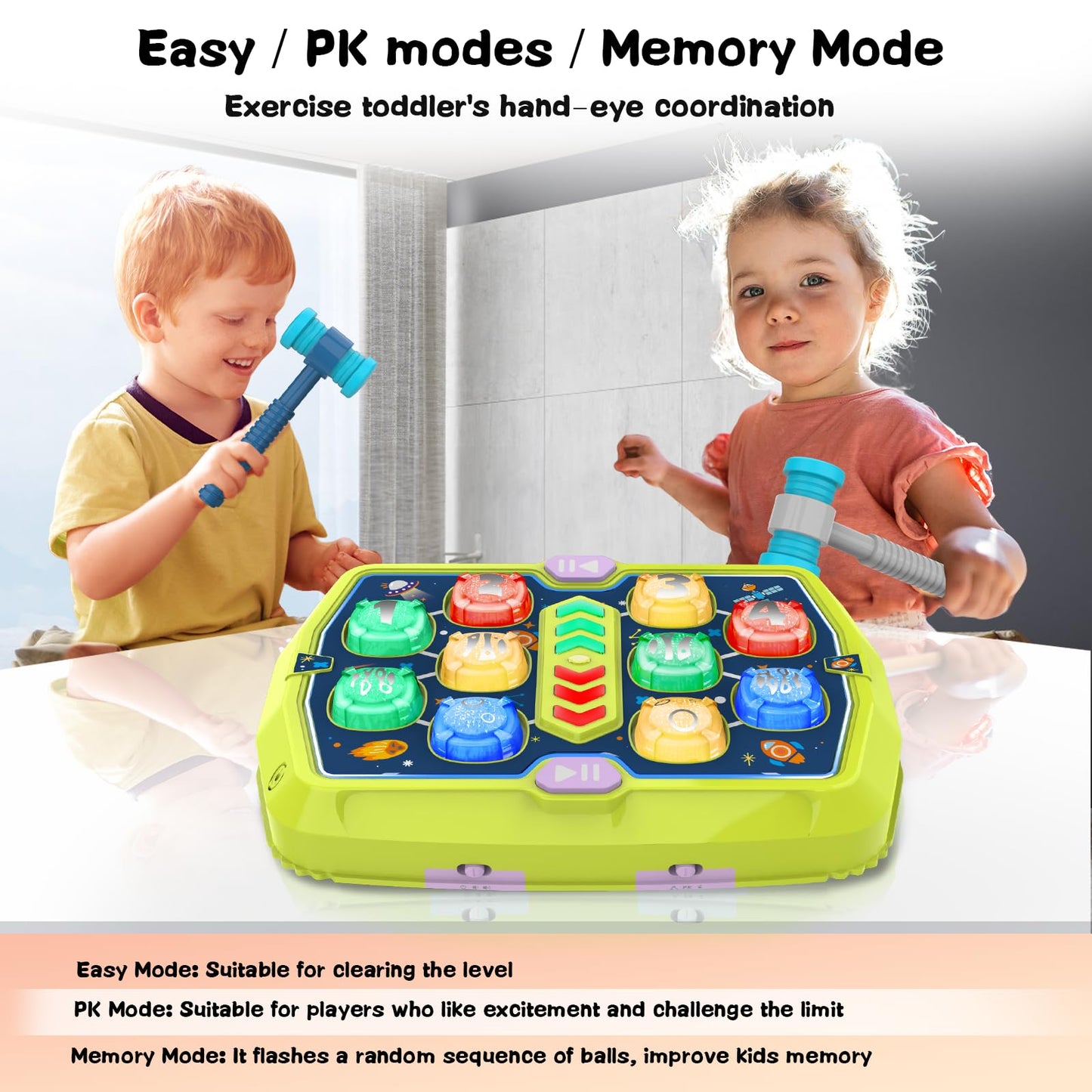 Toddlers Toys Age 3-8, Hammer Mole Game Toys for 3 4 5 6 7+ Year Old Boys with 3 Modes,Interactive Toddler Boy Girl Toys with 2 Hammers, Sound & Light, Birthday Xmas Gift for 3-10 Year Old Boys Girls