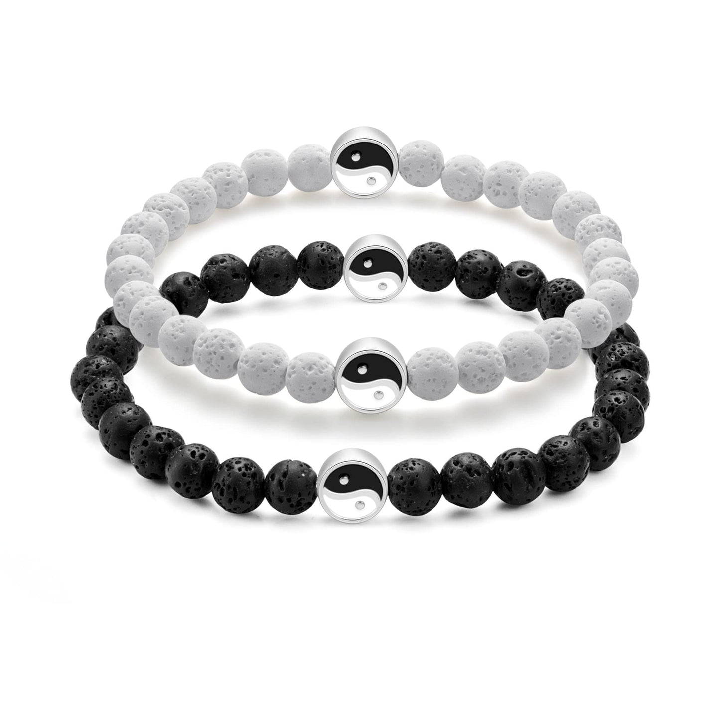 Wild Essentials 2 Bracelet Set, Yin Yang Lava Stones, White, Black, Expandable up to 8 inches, Aromatherapy Jewelry for Women, Men, Best Friends, His and Hers, Essential Oil Diffuser, Grounding Calm