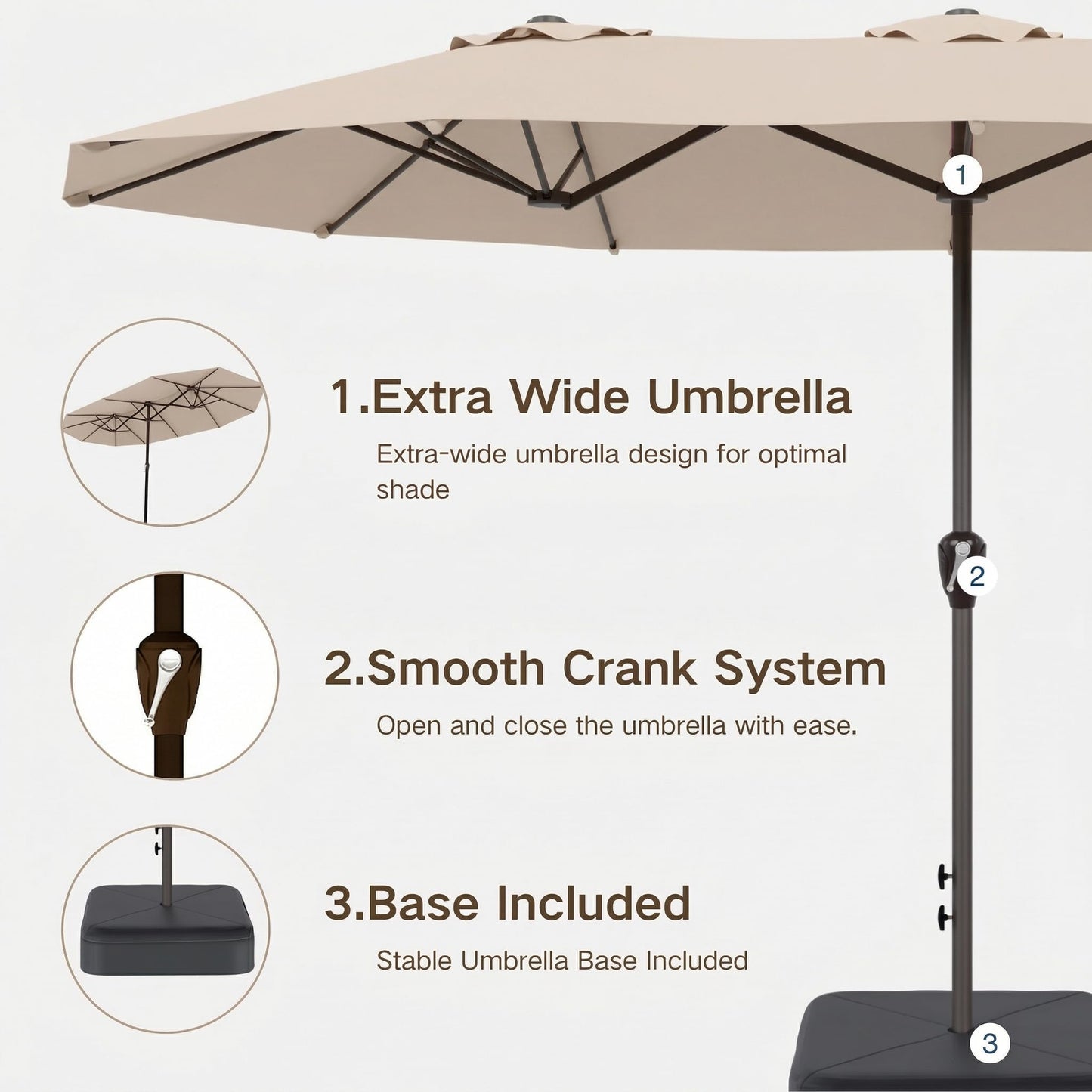 Kingdura 15ft Large Patio Umbrella with Base Included, Double-Sided Rectangle Outdoor Table Umbrella with 12 Reinforced Ribs, Crank Lift for Market Pool Deck Backyard, Beige