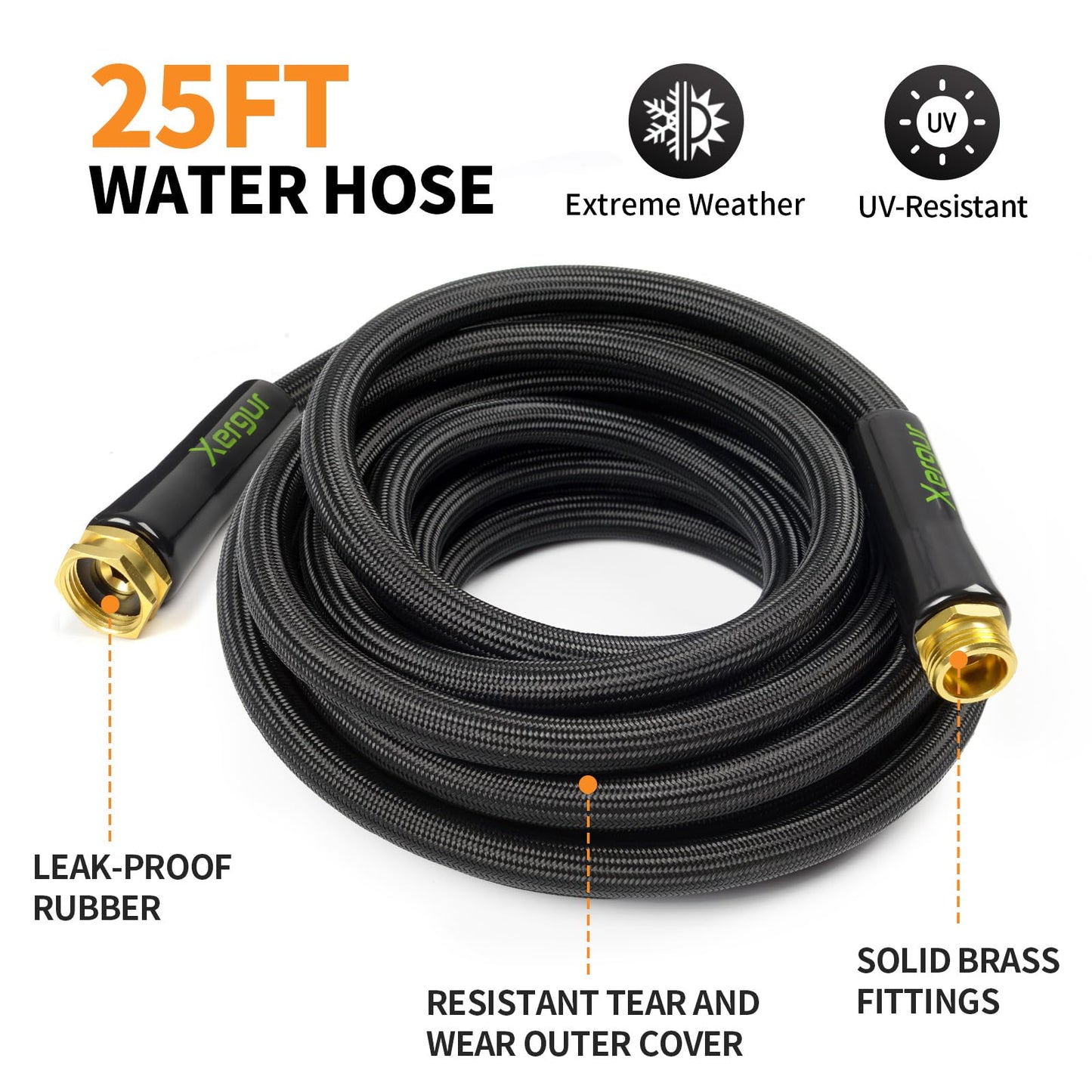 Flexible Garden Hose Water Pipe - 25FT Lightweight Garden Water Hose, Portable Patio Hose with Solid Brass Fittings and Double Latex Core for Pet Washing, Black