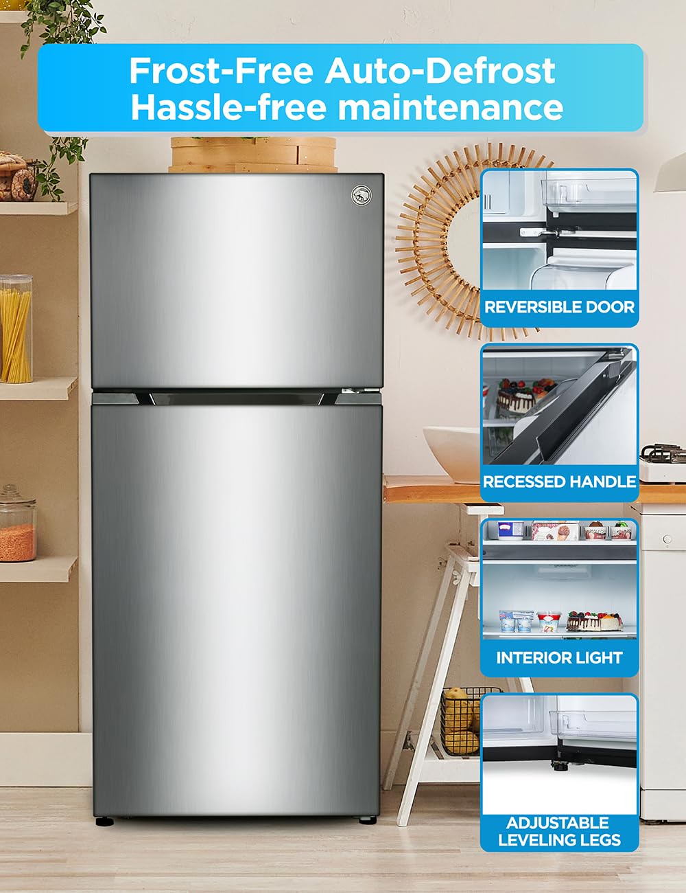Commercial Cool 18 Cu. Ft. Top Mount Refrigerator with Freezer, 2-Door Refrigerator with Top Freezer and Adjustable Temperature Control, Ice Maker Ready, Energy Star Certified, Stainless Look