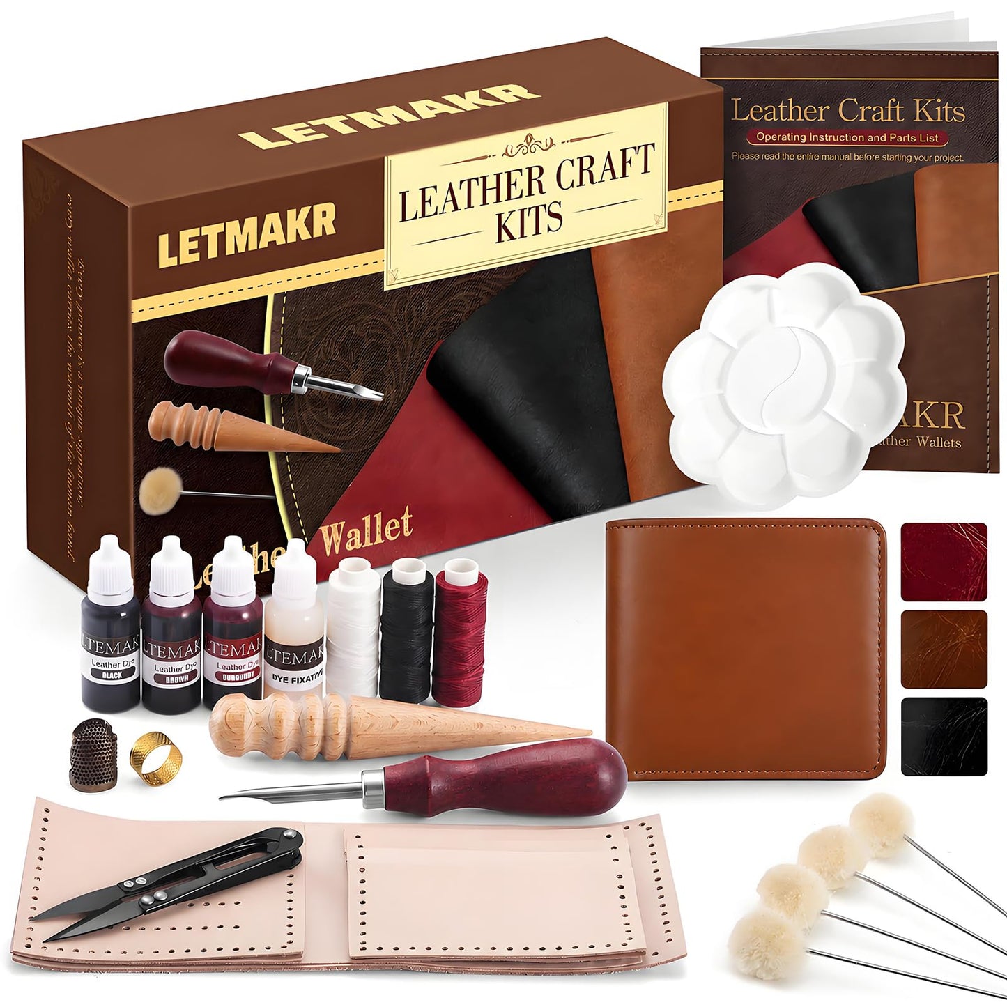 Leather Working Tools-Leather Crafting Kit with Paint Set and Cowhide-Men's Wallet DIY Kit-Birthday Gift for Men,Dad,Boyfriend,Husband-Art and Crafts for Adults-Hobbies for Women and Men