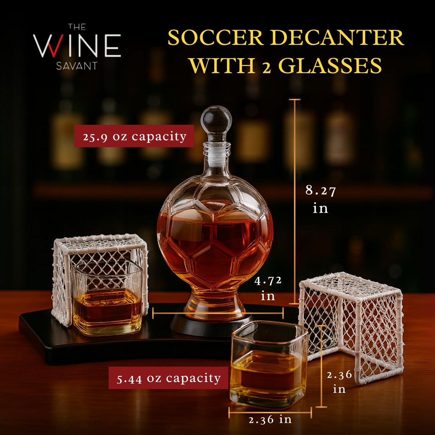 Soccer Whiskey Decanter Set with 2 Glasses & Goal Holder – Football-Shaped 25.9 oz Liquor Decanter Gift Set – Barware for Bourbon, Scotch, Rum – Unique Gift for Men, Sports Fans, Coaches