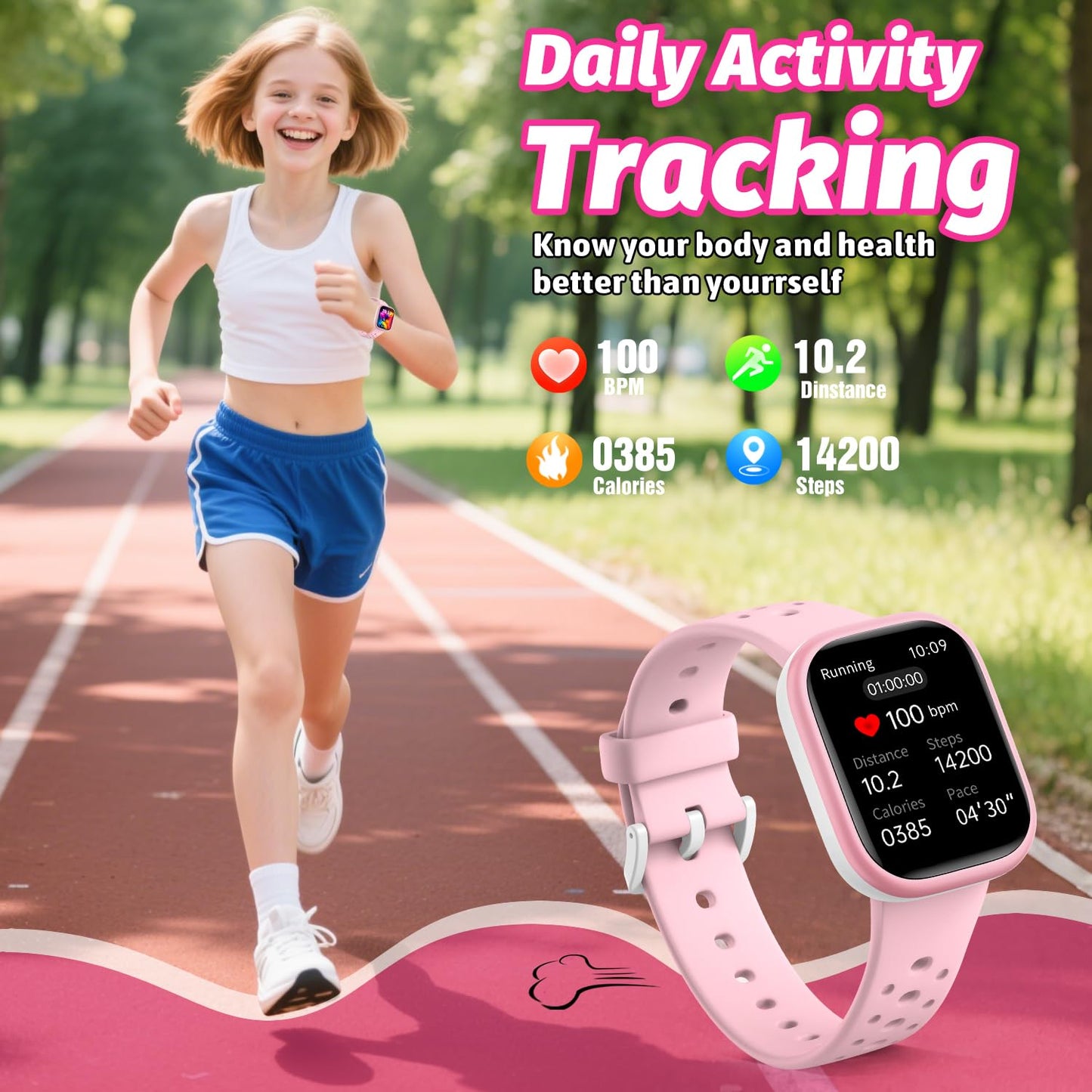 Heroange Kids Smart Watch for Girls Boys,IP68 Waterproof Kids Fitness Tracker Watch with 1.83" Face,Heart Rate Sleep Monitor,19 Sport Modes,Puzzle Games with APP,Great Gifts for Teens 6+ (Pink)