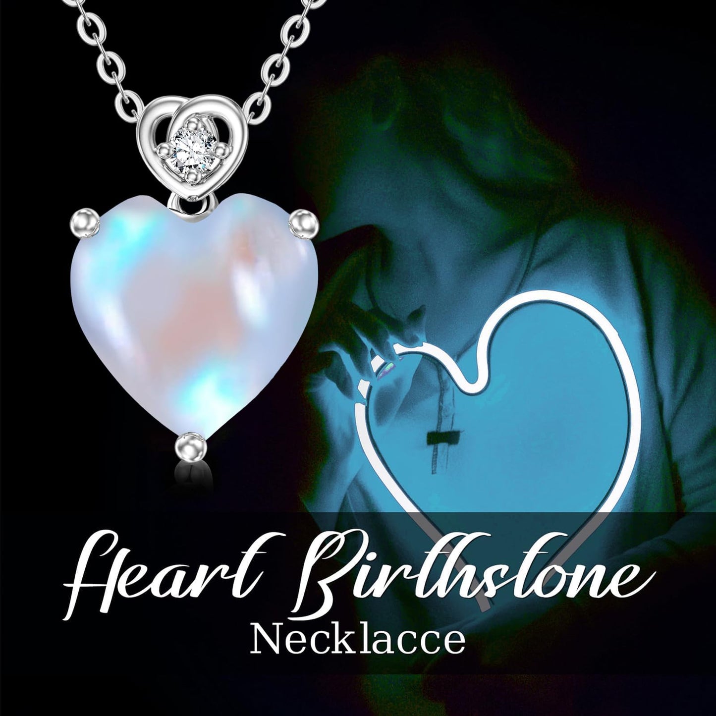 NFYBD 14k White Gold Love Heart Moonstone Birthstone Pendant Necklace for Women 3 Carat Heart-cut Created Gemstone Anniversary Birthday Mother's Day Necklaces for Her-June