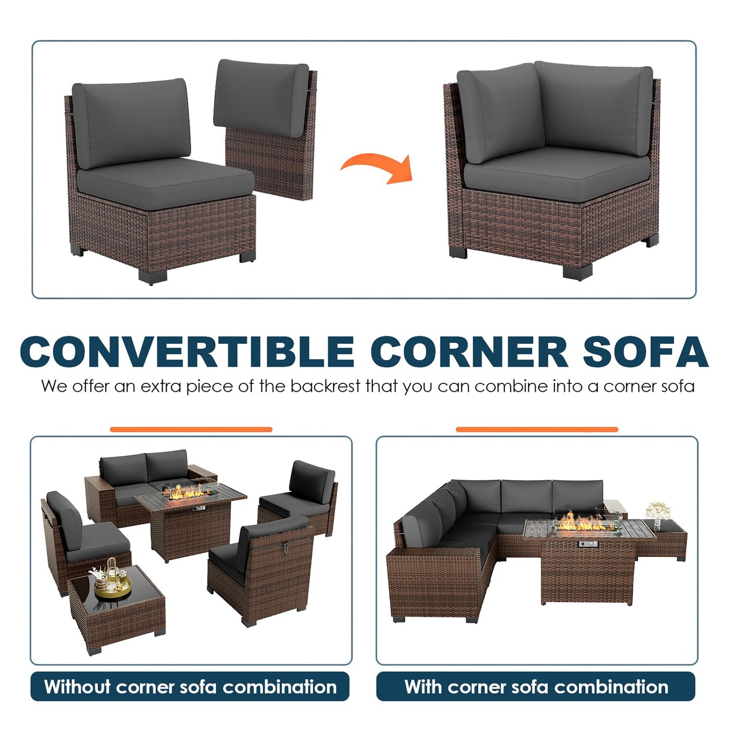 VONZOY Patio Furniture Set with Fire Pit Table, 7 Piece Outdoor Sectional Conversation Sets Wicker Rattan Sectional Sofa with Coffee Table for Patio Garden Backyard, 4'' Thickened Cushion Dark Grey