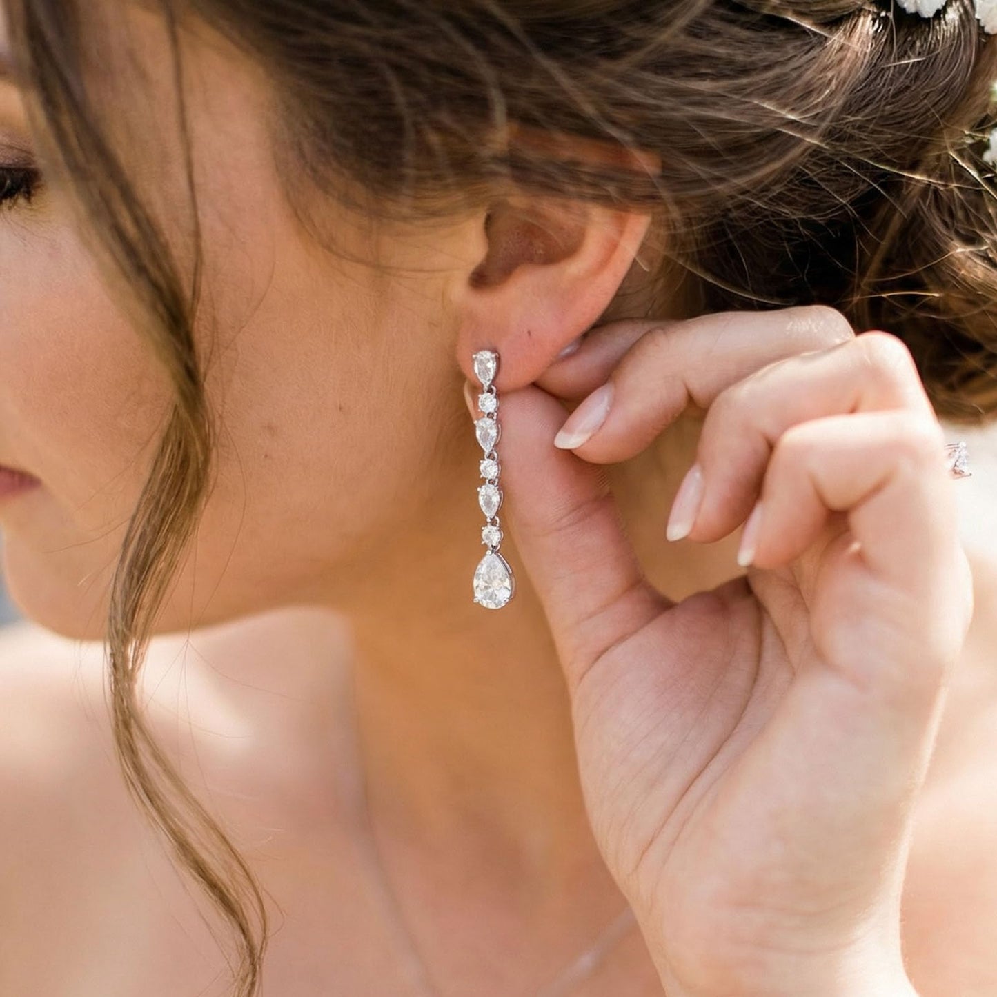 SWEETV Cubic Zirconia Dangle Earrings for Women, Teardrop Bridal Earrings for Wedding, Brides, Bridesmaids, Pear Shaped Drop Earrings for Women Prom Formal Party, Silver-Style1