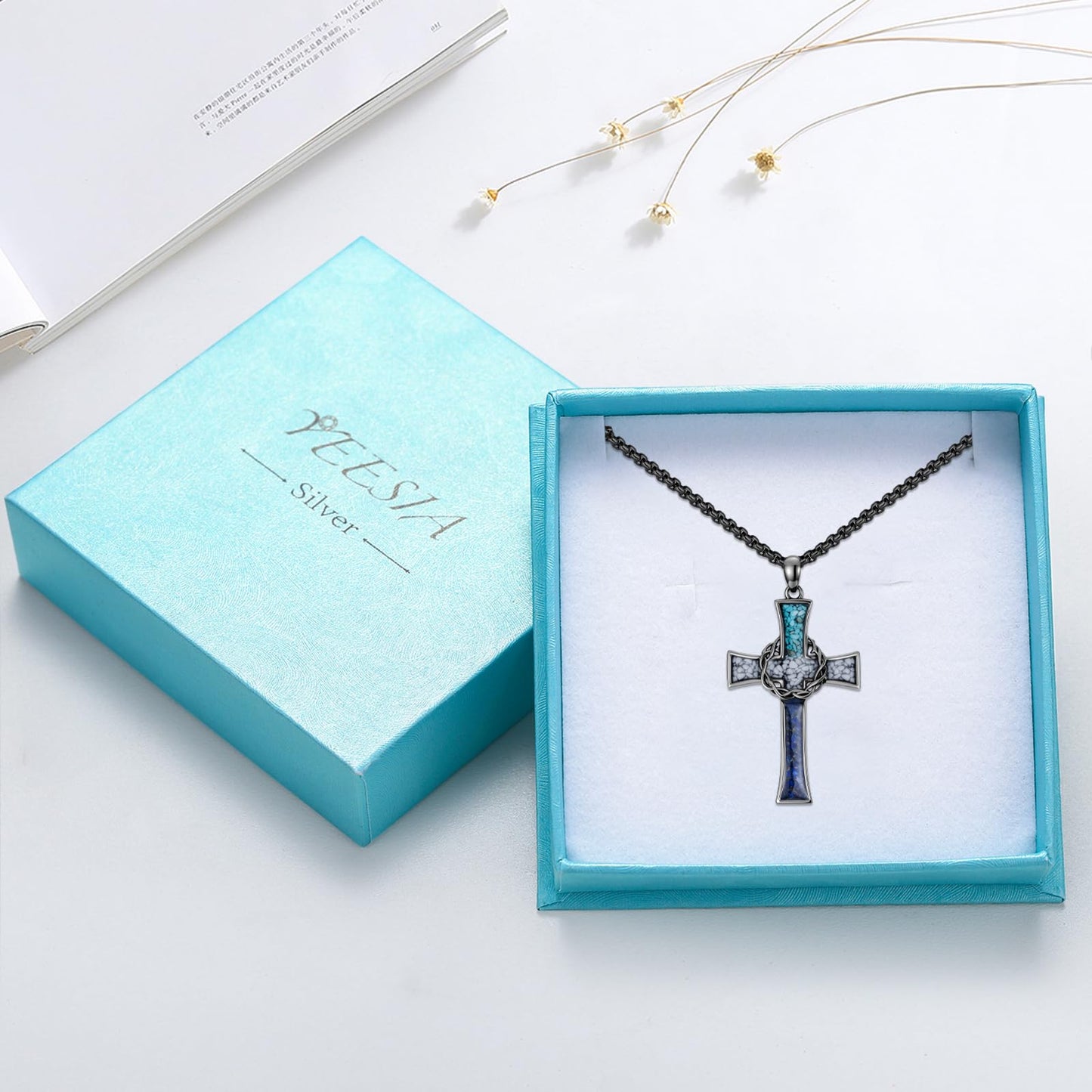 YEESIA Cross Necklace for Women Men, 925 Sterling Silver, Black Thorn Crown Cross Pendant Necklace with Turquoise, Christian Jewelry, Gift for Women Men