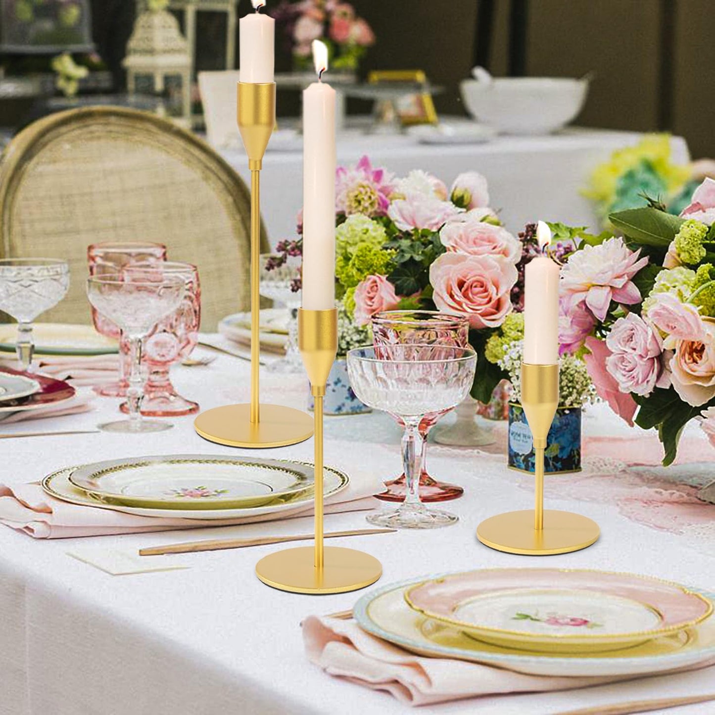 Matte Gold Candle Holders Bulk Painted Gold Metal Candlesticks Fit 0.8 Inch Taper Candles Decorative Metal Candelabra for Wedding Home Holiday Anniversary Party Dinning Table Decors (Set of 15)