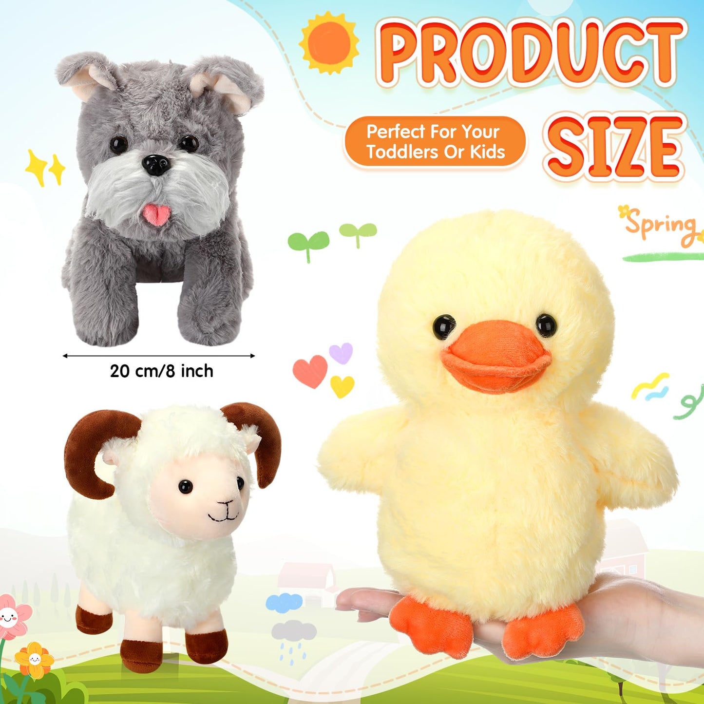 Hiboom 14 Pack Farm Stuffed Plush Animals Toys Set 8 Inch Barnyard Stuffed Animals Bulk Soft Pig Rooster Horse Duck Sheep Cow Dog Toy Gifts for Birthday Party Favor Supplies