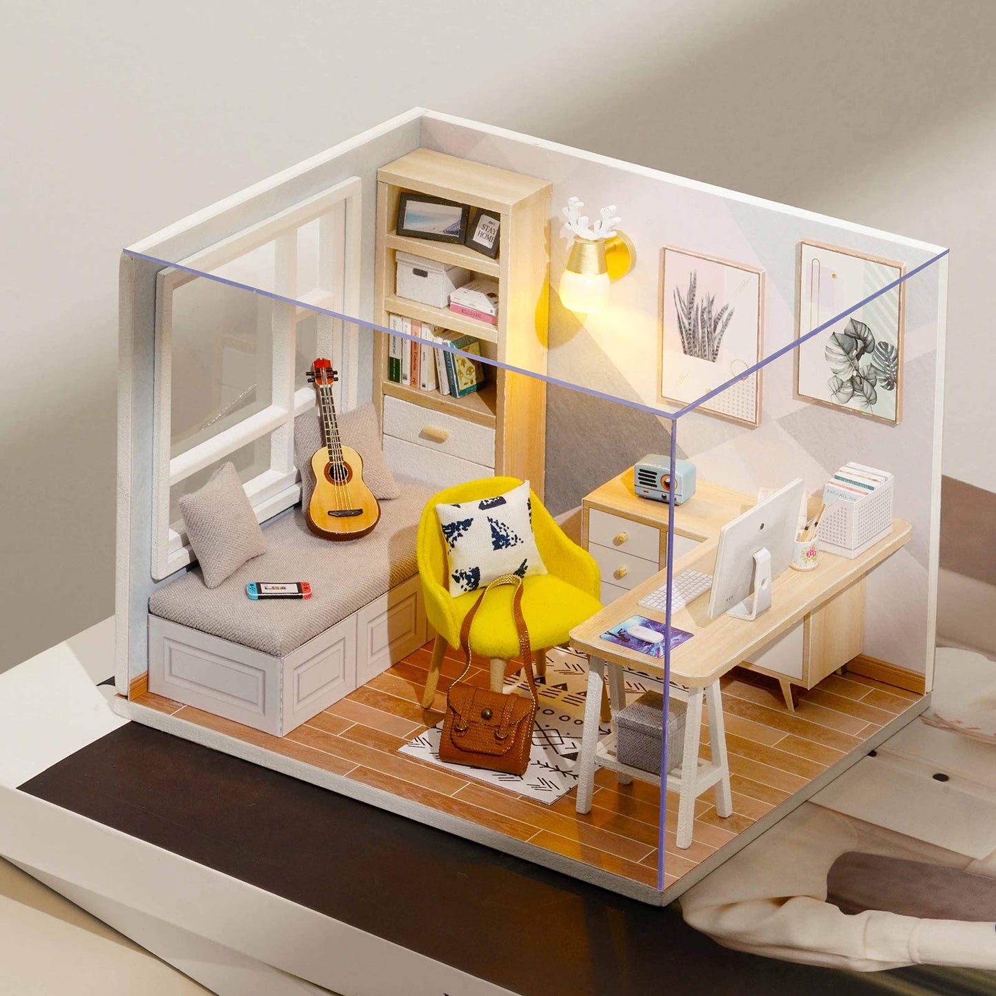 piberagi DIY Miniature Dollhouse Kit, 1:32 Scale Creative Room Mini Wooden Doll House with Furniture Plus Dust Proof for Kids Teens Adults(Study Room)