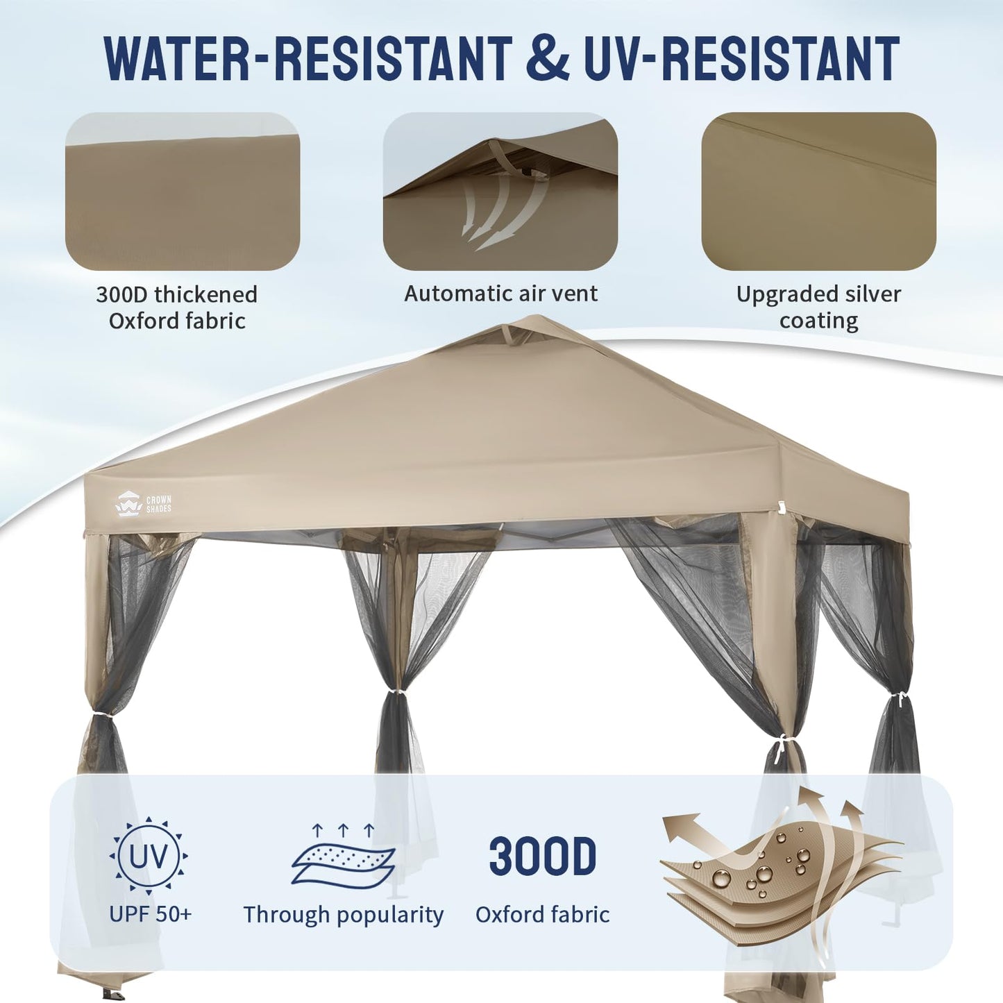 CROWN SHADES 10x10 Pop Up Gazebo, Canopy with Mosquito Netting,Instant Screen Tent with 4 Ropes, 8 Stakes, 4 Sandbags and Wheeled Storage Bag,for Patio & Backyard Parties,Camping&Events- Beige