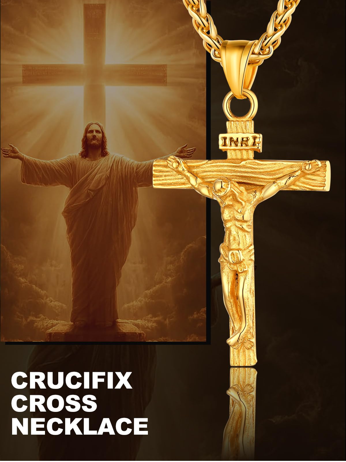U7 Crucifix Cross Necklace 18K Gold Plated Crucifix Necklace Cross Pendant for Men with Rope Chain 24"(Gold)