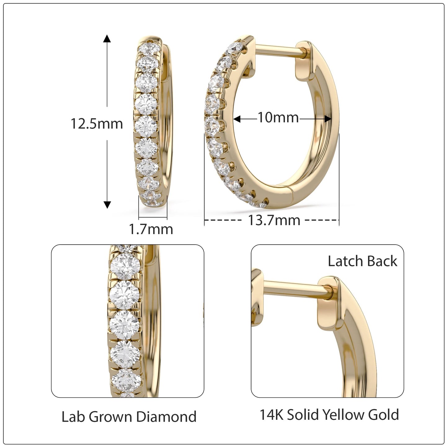 Huggie Hoop Earrings For Women, 1/4 Carat Round Shape Lab Grown Diamond Wedding Bridal Hoop Earrings In 14K Solid Yellow Gold Jewelry for Her (0.25 Cttw)