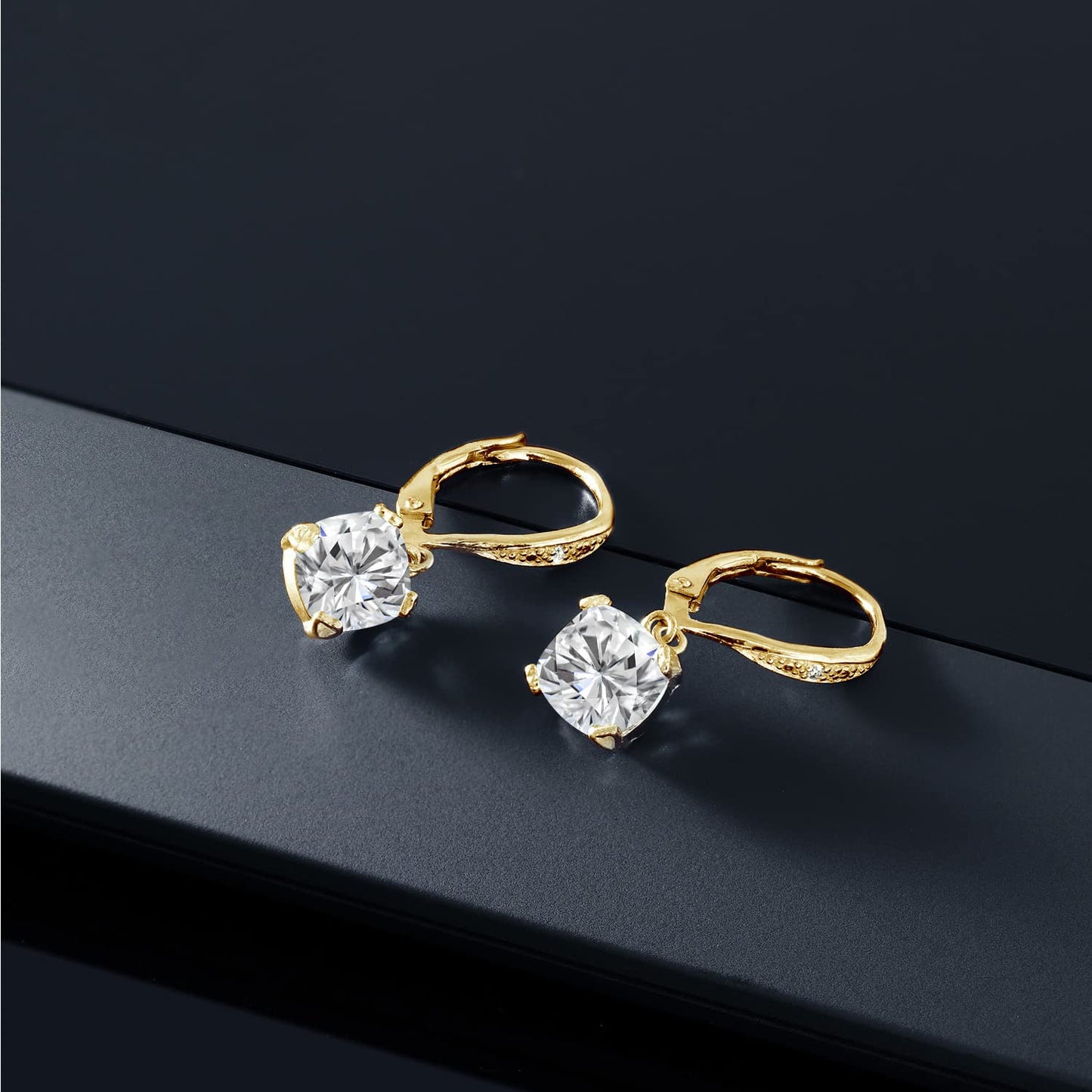 Gem Stone King Drop Dangle Earrings For Women | 7MM Cushion Cut Gemstone Birthstone and Diamond | 925 Sterling Silver | Jewelry Gift for Mom Wife Her | White Moissanite-April | Yellow Gold