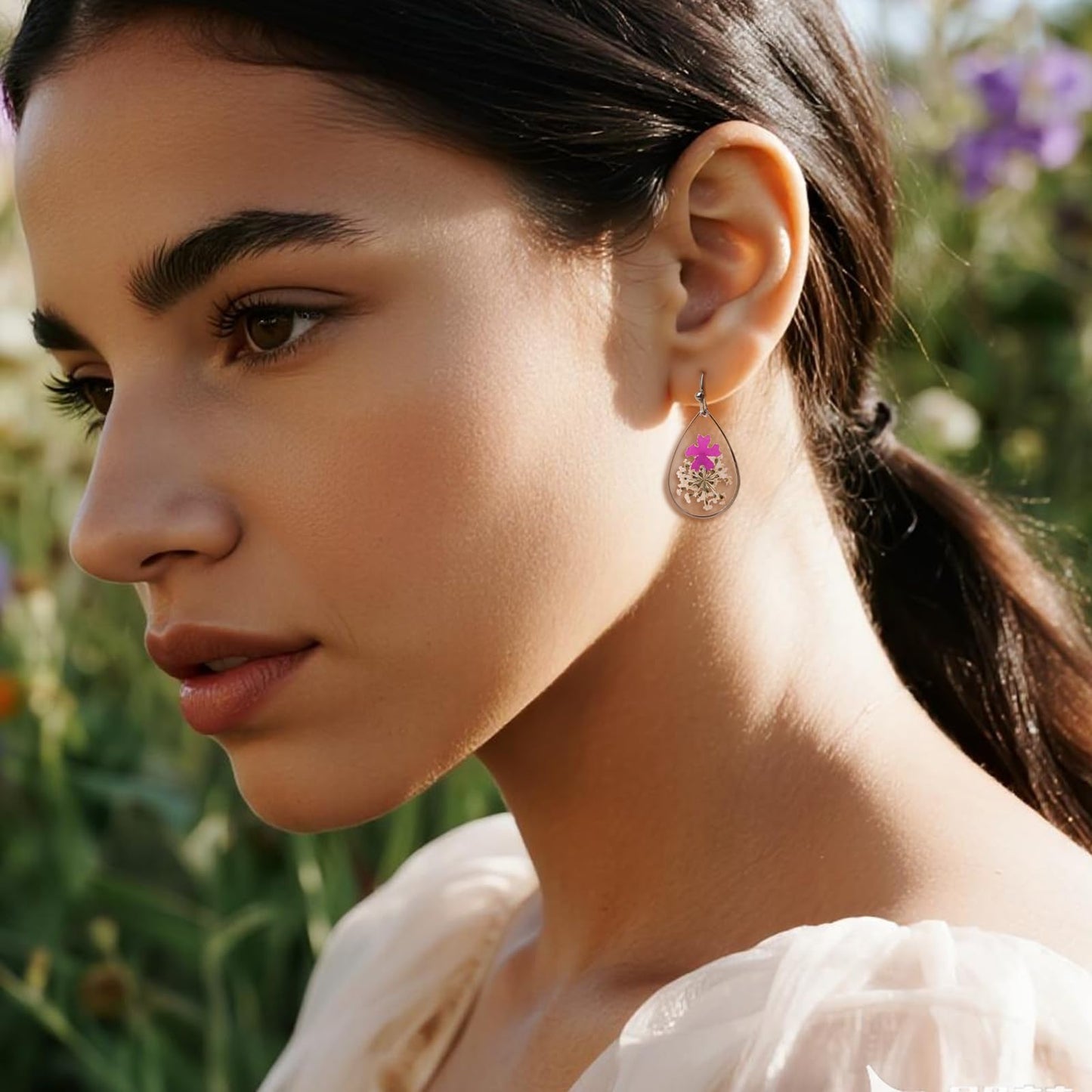 Jean Beau Handmade Pressed Flower Earrings for Women, Unique Resin Purple Dried Flowers Sterling Silver Teardrop Dangle Drop Nature Floral Earings Fashion Summer Jewelry Gift