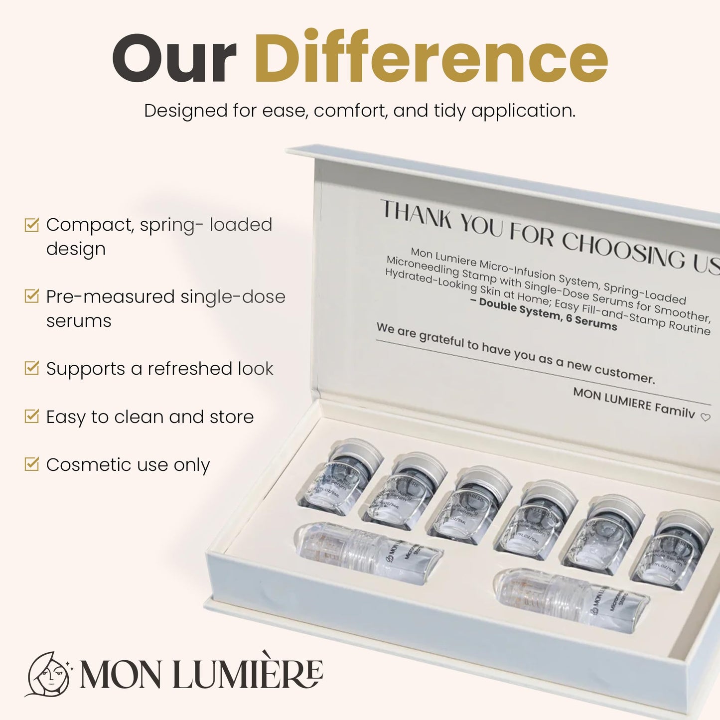 Mon Lumiere Micro Infusion System for Face – Gold Spring-Loaded Facial Stamp with PDRN & Peptides – At-Home Skincare Kit for Glow, Smoother-Looking Skin & Visible Radiance – 12 Single-Dose Serums