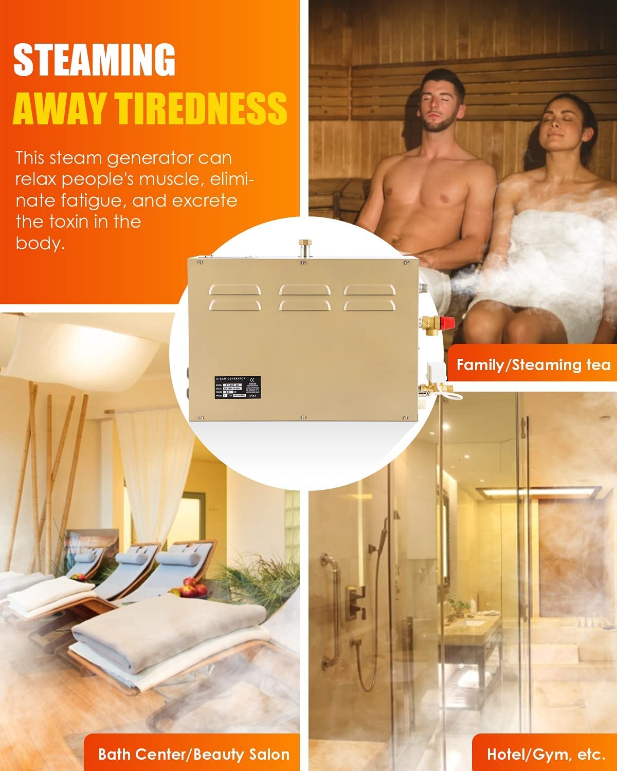 CGOLDENWALL 12KW Commercial Self-Draining Steam Generator Shower System Home Steam Bath Spa Generator 30 min to 12 Hours with Auto Drain 95-131℉ for Suitable Space Heating 12 m³/424 Cubic feet (12KW)