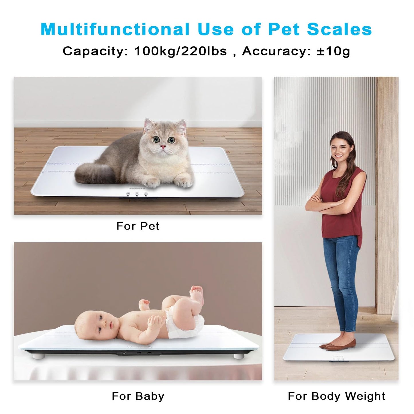 UNIWEIGH Digital Pet Scale 220lbs x10g Accuracy,Dog/Cat Animal Scales with 3 Weighing Units/Tare/Hold Function,Baby Scale for Pets,Tempered Glass Material,USB Charging,Large LED Platform Scale,White
