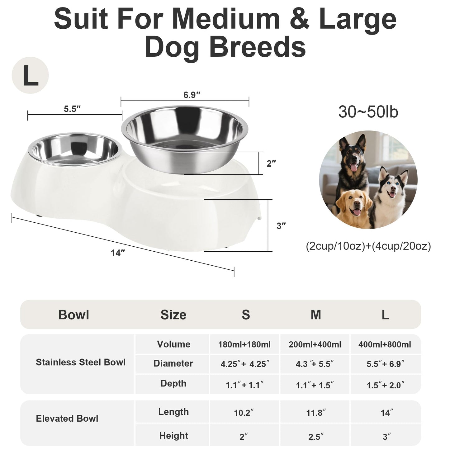 PetVillage Elevated Dog Bowls Set - Non-Slip Raised Pet Feeder with Medium (10 oz) & Large (20 oz) Stainless Steel Bowls - Includes Durable Resin Stand for Corgi Puppies and Adult Cats - White