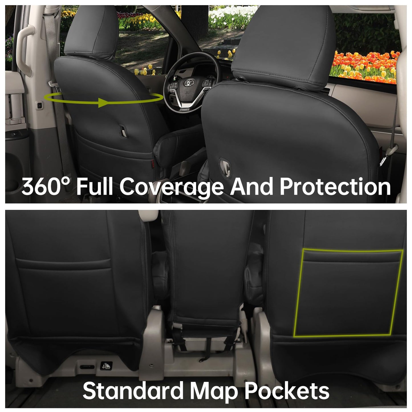 coverdream Sienna Leather Car Seat Covers Custom Fit for 2011-2020 Toyota Sienna SE,LE,XLE,SE Premium,XLE Premium,8-Seater,Full Coverage,Airbag Compatible Auto Seat Protector (Full Set,Black/Gray)