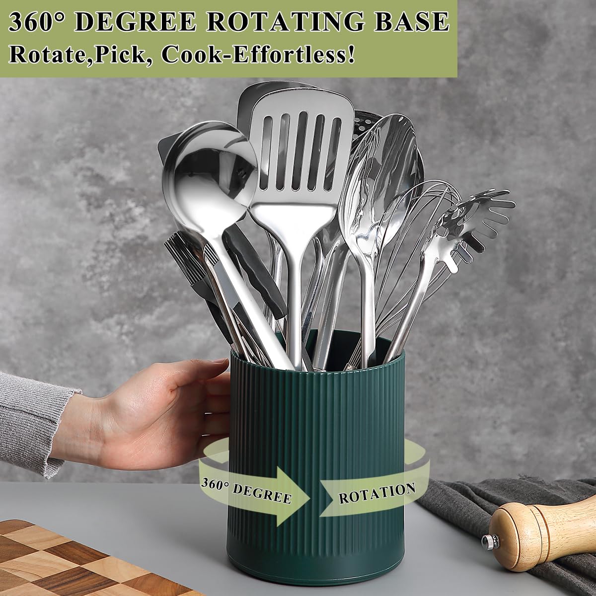 HOMQUEN 360° Rotating Utensil Holder, 6.3''+4.7'' Plastic Kitchen Utensil Holder for Countertop, Large Cooking Utensil Crocks for Kitchen Decor, Utensil Organizer for Spatula, Set of 2 (Green)