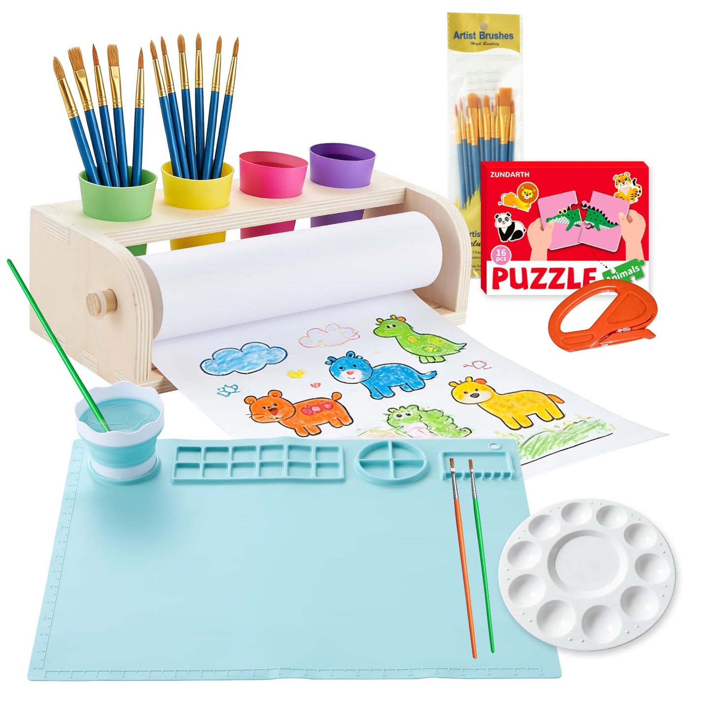 YOKUGO Kids Art Easel with Paper Roll, Desktop Painting Easel Wooden Tabletop Paper Roll Dispenser with Blue Silicone Painting Mat & Puzzle, Table Top Art Kit for Kids & Toddlers